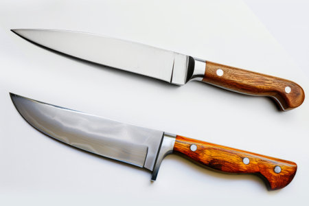 Two sharp chef's knives with polished wooden handles displayed on a white background, illustrating culinary precision.の素材