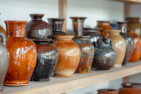 A collection of ceramic vases in different shapes and colors displayed on wooden shelves in a pottery studio.の素材