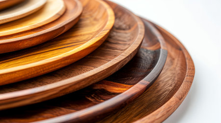 A neatly arranged stack of assorted wooden plates with various natural patterns, isolated on a white background.の素材