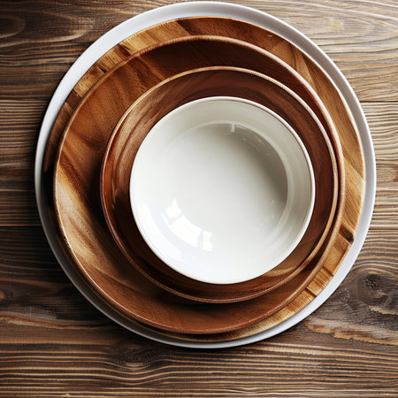 Nested wooden bowls and plates presented on a wooden background, highlighting the beauty of natural textures in kitchenware.の素材