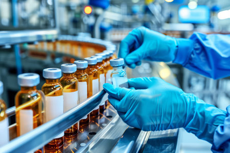Pharmaceutical industry. Production line machine conveyor with glass bottles at the pharmaceutical factory.の素材