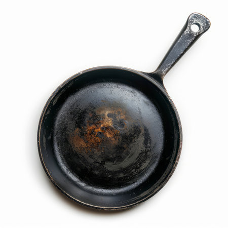 A well-used cast iron skillet showing signs of wear and rust spots, indicating frequent cooking use.の素材