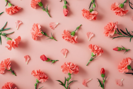 Array of Carnations in a Spectrum of Colors. A vibrant collection of carnations in a full spectrum of colors neatly arranged on a pastel background.の素材