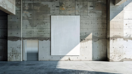 Sunlit Blank Billboard on Concrete Wall. An empty white billboard mounted on a textured concrete wall in an architectural setting with sunlight.の素材