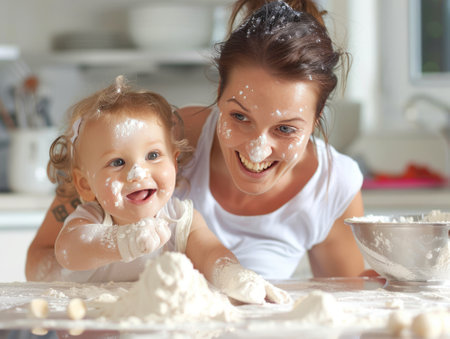 Mother and Baby Playing with Flour While Baking. Mother and baby laughing and covered in flour during a playful baking session in a bright kitchen.の素材