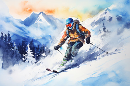 Skier in Action on Snowy Mountain Slope. A dynamic watercolor painting of a skier swiftly descending a snowy mountain slope with scenic mountain views in the background.の素材