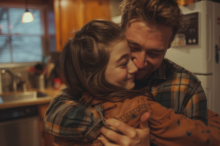 Happy Father and Daughter Sharing a Warm Hug at Home. American father and daughter hug in the kitchen for love.の素材