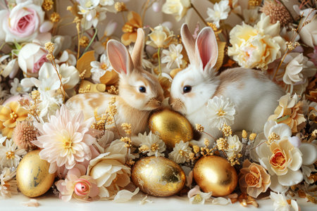 Elegant Easter Display with Plush Rabbits Amid Gold Eggs and Soft Florals. Plush bunnies with gold Easter eggs in a floral setting.の素材