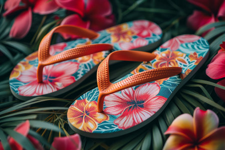 Vibrant flip-flops amid tropical flora, perfect for summer beachwear style and comfort. Stylish Flip-Flops with Tropical Flowers Capturing the Essence of Summer and Beach Fashionの素材
