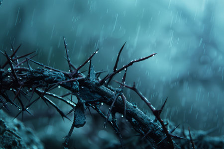 Dramatic close-up of thorns glistening with raindrops, setting a somber Good Friday mood.の素材