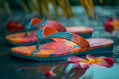 Vibrant flip-flops amid tropical flora, perfect for summer beachwear style and comfort. Stylish Flip-Flops with Tropical Flowers Capturing the Essence of Summer and Beach Fashionの素材