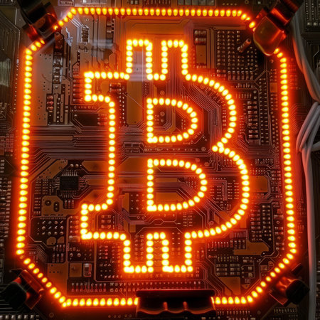 Luminous Bitcoin symbol on a complex circuit board reflecting cryptocurrency and technology themes. Bitcoin symbol on a circuit boardの素材