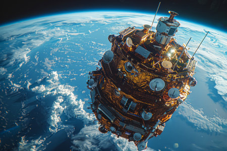 Satellite orbiting Earth, symbolizing Space Day and the advancements in extraterrestrial exploration. Satellite orbiting Earth on Space Dayの素材