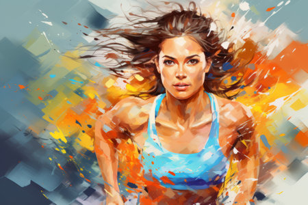 Dynamic female runner illustration bursting with vibrant splashes of paint, capturing motion and energy. Illustration of a dynamic female runnerの素材