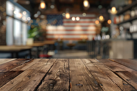 Weathered wooden table with a blurred American flag background in a dimly lit vintage setting. Wood table with American flag backgroundの素材