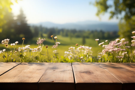 Wooden Tabletop with Defocused Background of a Sunny Flower Meadow. Wooden surface with blurred sunny meadow and wildflowers.の素材