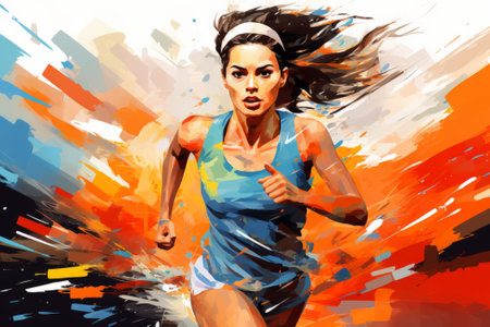 Dynamic female runner illustration bursting with vibrant splashes of paint, capturing motion and energy. Illustration of a dynamic female runnerの素材
