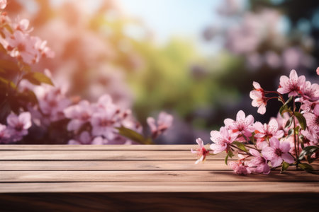 Wooden Tabletop Against Soft Focus of Blooming Cherry Branches. Tabletop with blurry cherry blossoms in soft focus.の素材