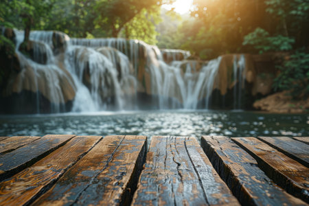 Wooden Tabletop Over Blurred Background of a Majestic Waterfall. Wooden table surface with a majestic waterfall background blur.の素材