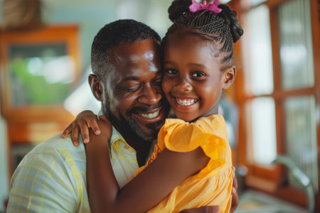 Father and Daughter Sharing a Joyful Embrace in the Kitchen at Home. Happy father hugging young daughter in a cozy kitchen.の素材