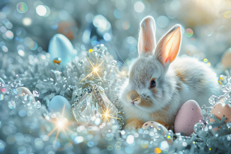 Easter Elegance with Whimsical Rabbits and Glittering Eggs Amidst Spring Blossomsの素材