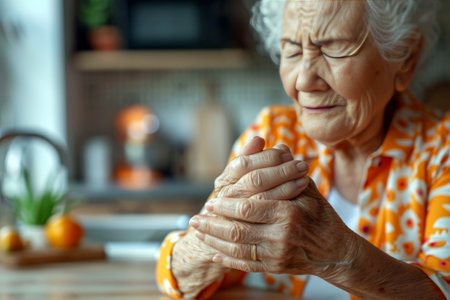 Elderly woman suffering from wrist pain, capturing the struggle with aging joints. An older woman grimaces in pain, clutching her wrist.の素材