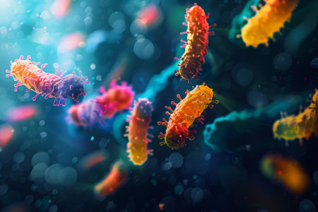 Microscopic high-resolution view of a vibrant bacterial colony, visualizing infection and microbiology. Microscopic view of colorful bacteria colony.の素材