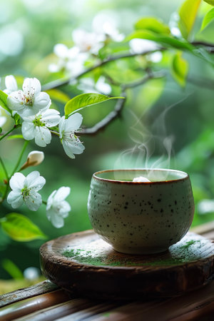 Serene image of a steaming cup of tea amidst blooming flowers, capturing a moment of calm. Steaming tea with blooming flowers, peaceful calmの素材