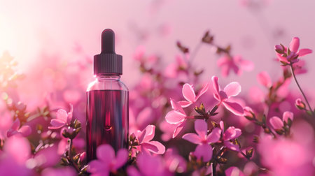 Glass Dropper Bottle Amidst Soft Pink Flowers Bathed in Hazy Light, Wellness and Skincare Concept. Dropper bottle among pink flowers in hazy lightの素材