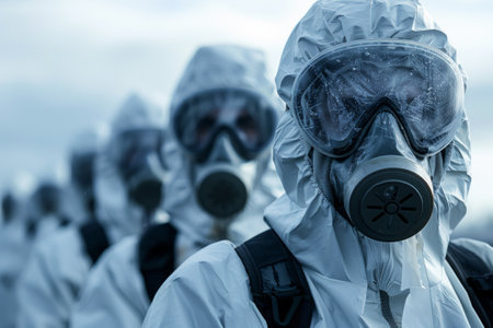 Emergency Response Team in Full Protective Suits and Masks at Dusk Prepared for Hazardous Situations. Responders in hazmat gear at sunset for safety drillの素材