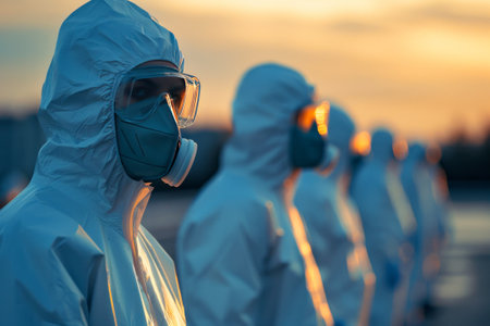Emergency Response Team in Full Protective Suits and Masks at Dusk Prepared for Hazardous Situations. Responders in hazmat gear at sunset for safety drillの素材
