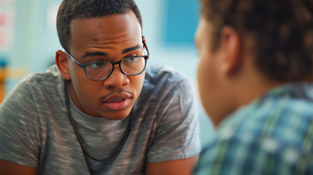 Young male counselor attentively engages with a high school student, providing advice and support. Male counselor talks with high school studentの素材