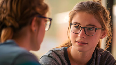 Female mentor with glasses attentively listens to a student, offering guidance and support. Mentor in glasses listens, student supportの素材
