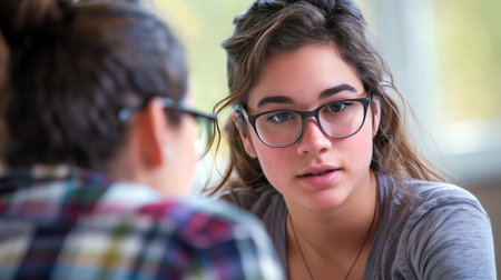 Female mentor with glasses attentively listens to a student, offering guidance and support. Mentor in glasses listens, student supportの素材