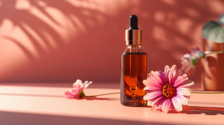 Cosmetic Oil Dropper with a Pink Daisy Highlighted by Warm Light on a Coral Surface. Oil dropper with pink daisy on coral surfaceの素材