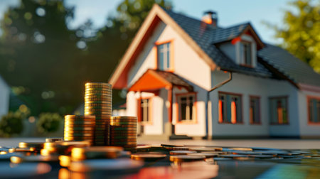 Real Estate Investment Concept with Coins Stacked Amongst Miniature Houses. Stacked coins and model houses depicting real estate investment.の素材