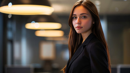Confident young businesswoman in a sleek black blazer against an office backdrop with warm lighting. Professional woman in black blazer, office settingの素材