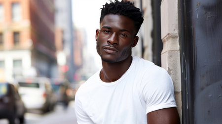 Confident African American male model in casual white tee leaning against urban backdrop. Stylish man in white shirt, city backgroundの素材