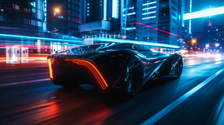 Futuristic Sports Car Speeding on Urban Road at Night with Dynamic Light Trails. Sleek futuristic car with light trails in city nightの素材