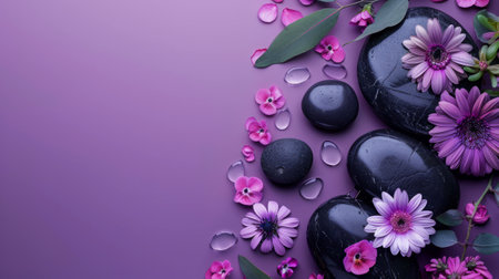 Spa Concept with Zen Stones, Pink Flowers, and Water Droplets on Purple Background. Zen stones with pink flowers on purple backgroundの素材