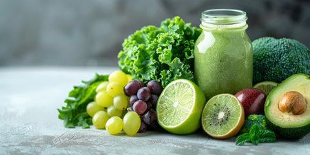 Vibrant green smoothies with fresh fruits and vegetables, emphasizing healthy lifestyle choices. Healthy green smoothies with fresh produce arrangementの素材