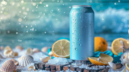 Chilled beverage can with condensation surrounded by seaside elements and a slice of lemon. Refreshing drink can with sea shells and lemon on a beach setupの素材