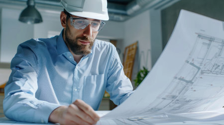 Focused engineer with hard hat reviewing architectural plans, concept of building and design. Engineer in hard hat analyzing building plansの素材