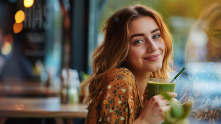 Radiant young woman enjoying a healthy green smoothie at a cafe, embodying a lifestyle of wellness. Smiling woman at cafe with a nutritious green smoothieの素材