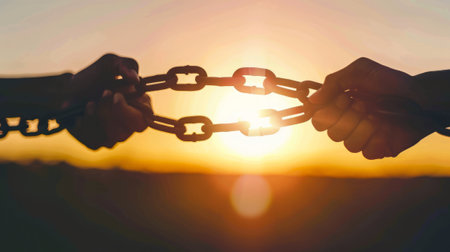 Conceptual silhouette of hands joining with steel chain at sunset, symbolizing connection. Silhouette of hands connecting with steel chain at sunsetの素材