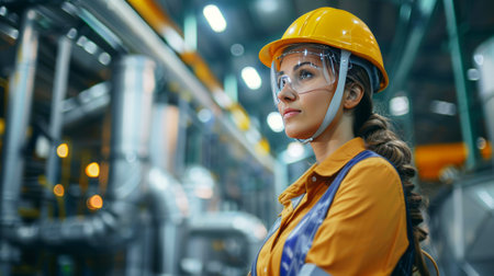 Female engineer in safety gear attentively inspects industrial plant machinery, showcasing focus and expertise. Woman engineer in helmet inspects industrial machinery.の素材