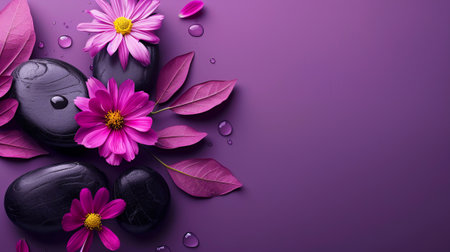 Spa Concept with Zen Stones, Pink Flowers, and Water Droplets on Purple Background. Zen stones with pink flowers on purple backgroundの素材