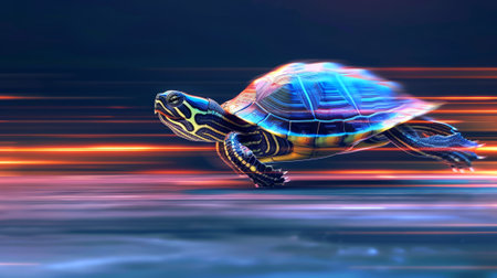 Close-up and side view of a fast turtle running at full speed in the race track with neon speed motion blurの素材