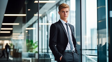 Young Businessman in Modern Office Space with Cityscape View. Businessman in office with city viewの素材
