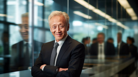 Accomplished Senior Executive with a Genuine Smile in Corporate Environment. Senior executive smiling in an officeの素材